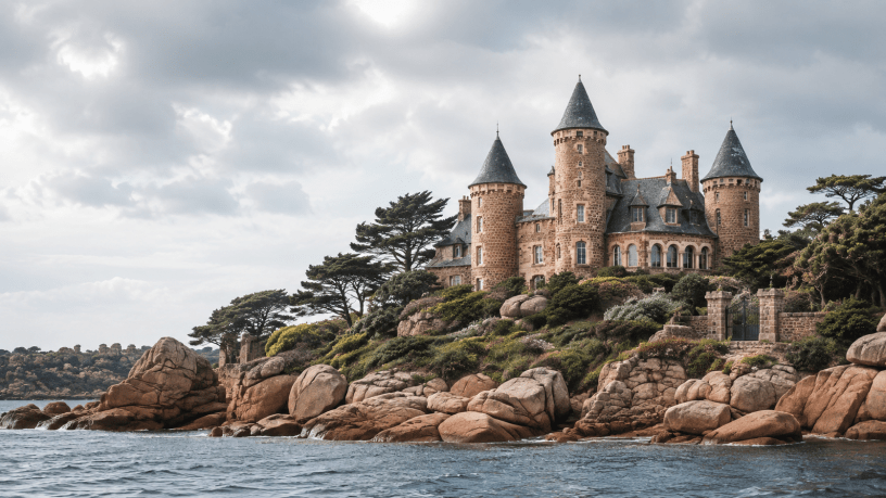 Maniero costiero in granito rosa ispirato al Castello di Costaérès, in Bretagna, circondato dal mare, dalle rocce e dalla vegetazione.