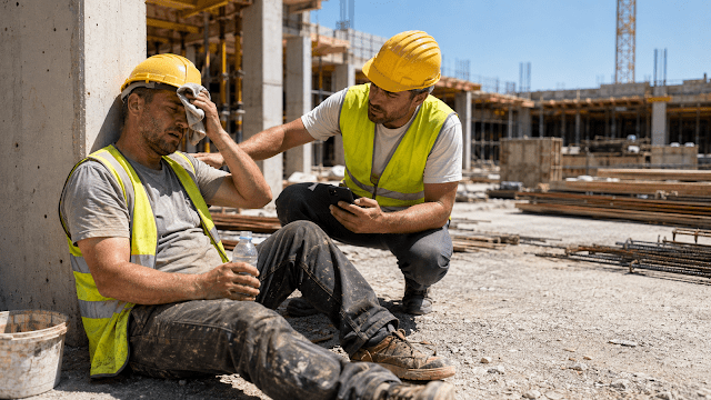 Operaio edile provato dal caldo estremo seduto all’ombra in un cantiere, mentre un collega lo assiste e si prepara a chiamare i soccorsi.