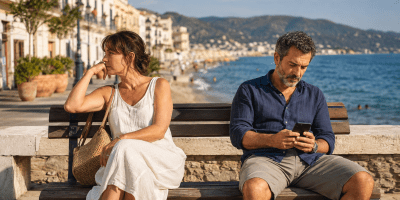 Coppia seduta distante su una panchina davanti al mare durante l’estate: la donna guarda altrove mentre l’uomo controlla lo smartphon