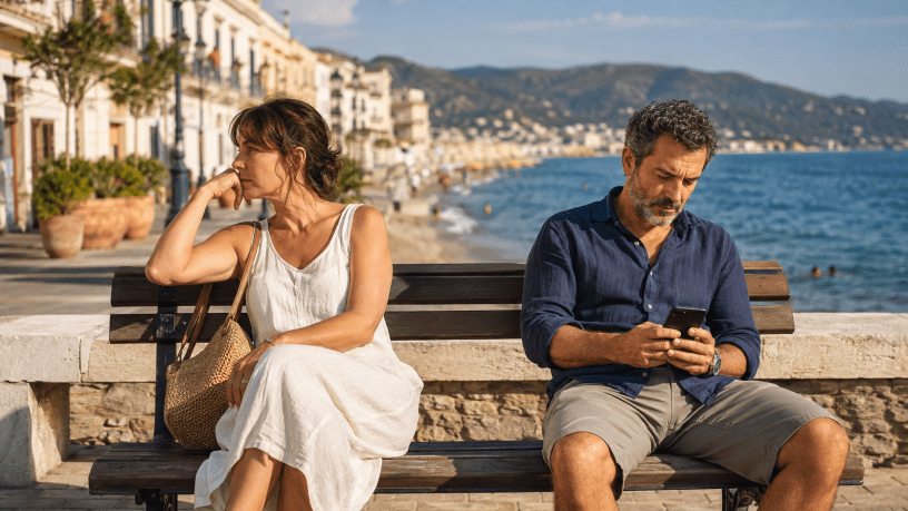 Coppia seduta distante su una panchina davanti al mare durante l’estate: la donna guarda altrove mentre l’uomo controlla lo smartphon