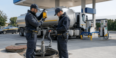 Controllo illustrativo della Guardia di Finanza sulla qualità del carburante presso un distributore, con campione, autocisterna e impianti di erogazione.