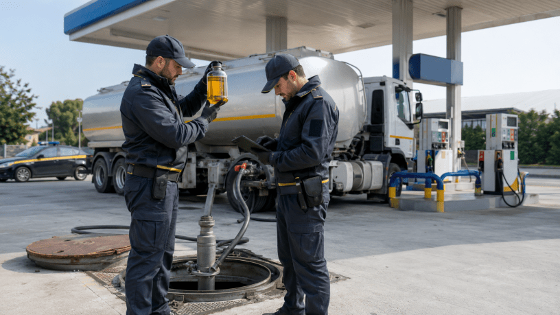 Controllo illustrativo della Guardia di Finanza sulla qualità del carburante presso un distributore, con campione, autocisterna e impianti di erogazione.