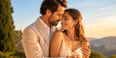 Due amanti adulti si abbracciano teneramente nella luce calda e luminosa del tramonto.