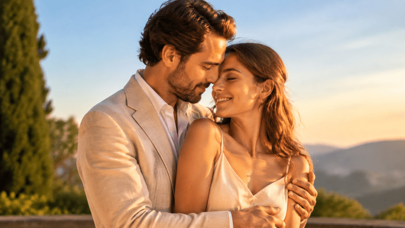 Due amanti adulti si abbracciano teneramente nella luce calda e luminosa del tramonto.