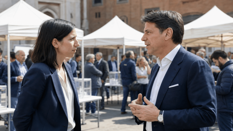 Elly Schlein e Giuseppe Conte dialogano davanti ad alcuni gazebo elettorali allestiti in una piazza italiana.