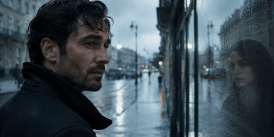 Uomo sotto la pioggia osserva il riflesso di una donna in una vetrina, immagine ispirata alla poesia “Lacrime di pioggia” di Giorgio Chinelli.