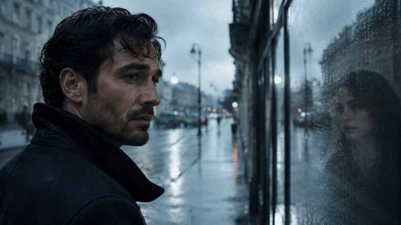 Uomo sotto la pioggia osserva il riflesso di una donna in una vetrina, immagine ispirata alla poesia “Lacrime di pioggia” di Giorgio Chinelli.