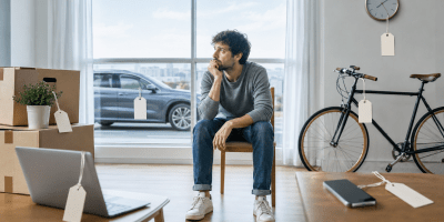 Un uomo pensieroso siede in una stanza luminosa, circondato da automobile, bicicletta, computer, smartphone e orologio contrassegnati da cartellini vuoti.