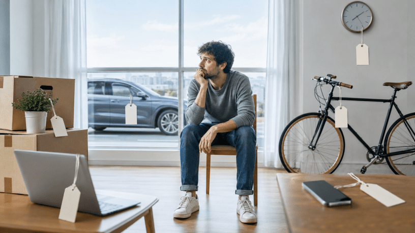Un uomo pensieroso siede in una stanza luminosa, circondato da automobile, bicicletta, computer, smartphone e orologio contrassegnati da cartellini vuoti.