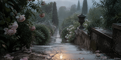 Una figura solitaria osserva la pioggia scendere su un paesaggio silenzioso, immerso in una luce soffusa e malinconica.
