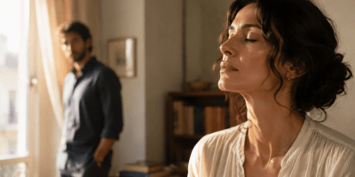 Donna con gli occhi chiusi illuminata dalla luce del sole, mentre un uomo la osserva in lontananza.