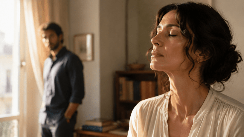 Donna con gli occhi chiusi illuminata dalla luce del sole, mentre un uomo la osserva in lontananza.