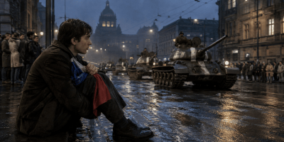 Giovane cecoslovacco stringe la bandiera nazionale mentre una colonna di carri armati attraversa Praga nella notte dell’invasione del 1968.