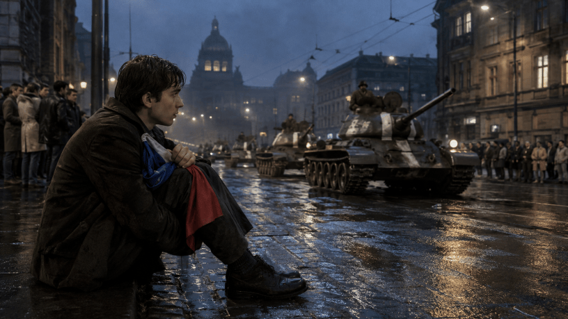 Giovane cecoslovacco stringe la bandiera nazionale mentre una colonna di carri armati attraversa Praga nella notte dell’invasione del 1968.