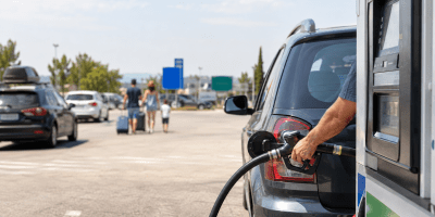 Rifornimento di carburante in un’area di servizio italiana durante l’esodo estivo, con auto e viaggiatori sullo sfondo.