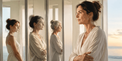 Donna davanti a una serie di specchi che riflettono le diverse età della vita, simbolo del tempo che passa e della trasformazione interiore.