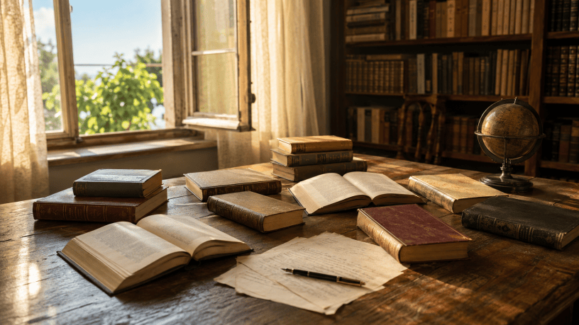 Dodici libri disposti su un tavolo di legno in una biblioteca illuminata dal sole estivo, accanto a manoscritti, penna e mappamondo.