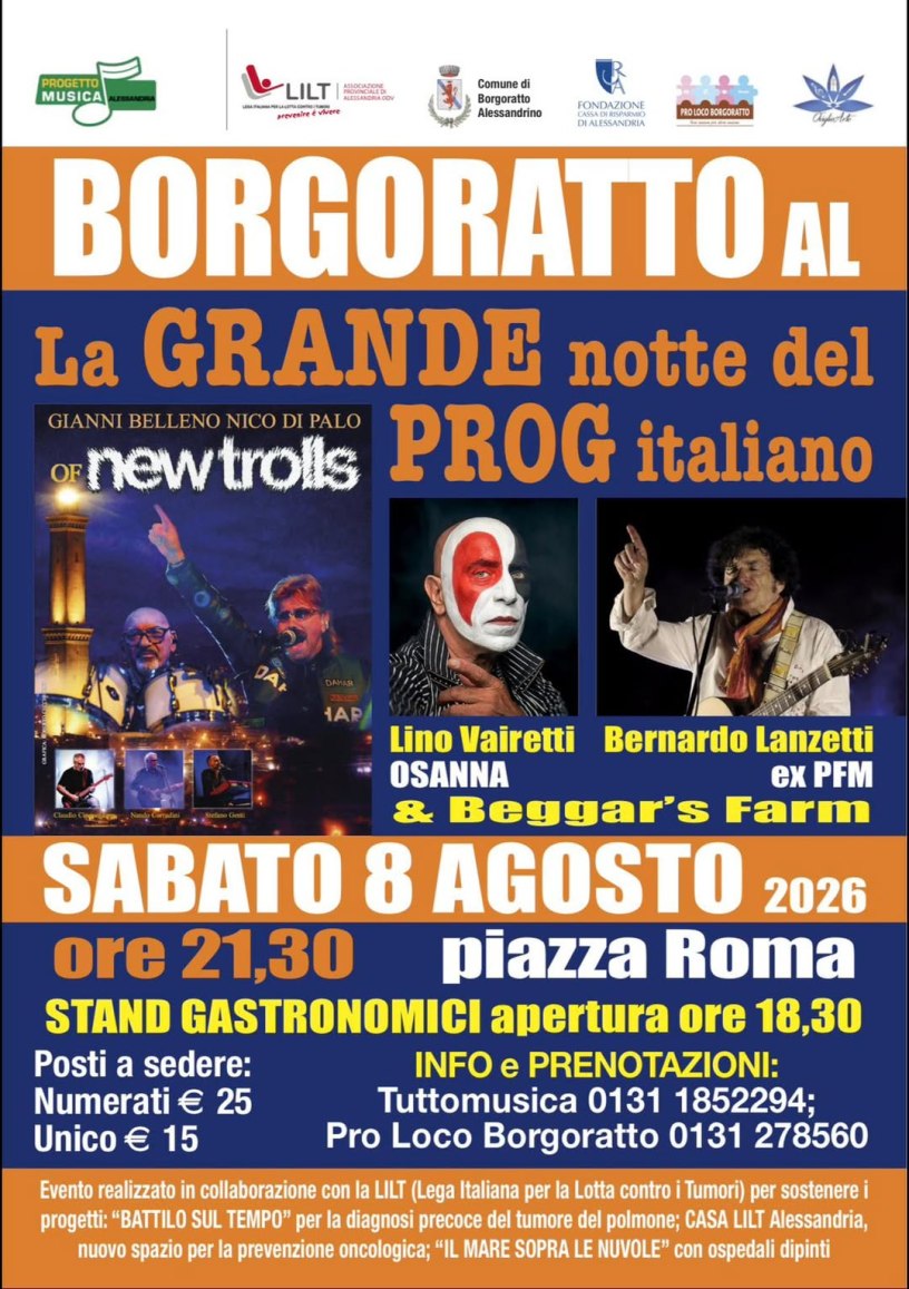 Locandina del concerto benefico dedicato al prog italiano, in programma sabato 8 agosto 2026 a Borgoratto Alessandrino.