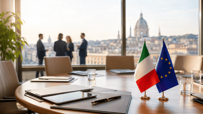 Bandiere italiana ed europea su un tavolo di riunione, davanti a una città italiana e a figure di professionisti sullo sfondo.