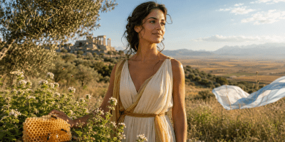 Giovane donna in un paesaggio mediterraneo con api, miele e un richiamo ai colori dell’Argentina.
