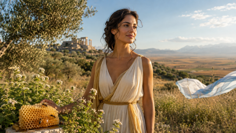 Giovane donna in un paesaggio mediterraneo con api, miele e un richiamo ai colori dell’Argentina.
