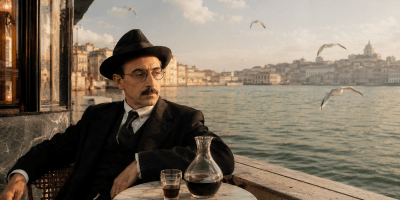 Rappresentazione di fantasia di Fernando Pessoa seduto a un tavolino sulle rive del Tago, con una caraffa di vino e gabbiani in volo.