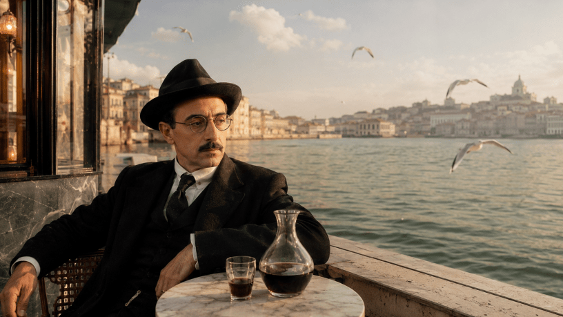Rappresentazione di fantasia di Fernando Pessoa seduto a un tavolino sulle rive del Tago, con una caraffa di vino e gabbiani in volo.