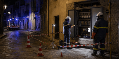 Tecnici specializzati intervengono di notte su una cabina elettrica, con l’area delimitata e un mezzo di soccorso sullo sfondo.