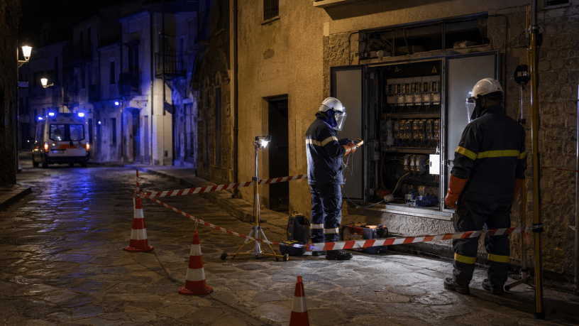 Tecnici specializzati intervengono di notte su una cabina elettrica, con l’area delimitata e un mezzo di soccorso sullo sfondo.