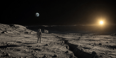 Astronauta solitario accanto a una bandiera sulla superficie lunare, con la Terra lontana e il Sole all’orizzonte.