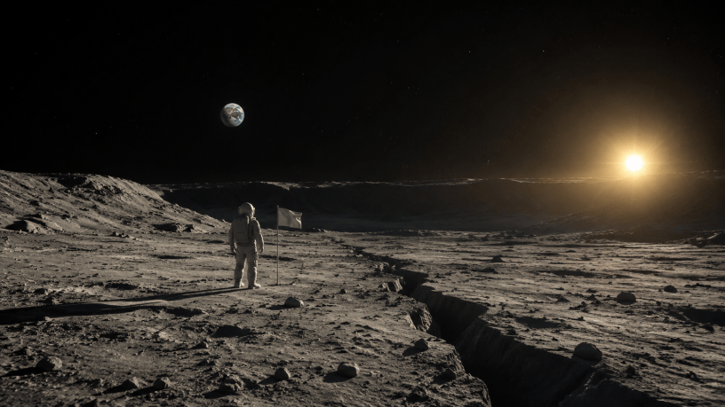 Astronauta solitario accanto a una bandiera sulla superficie lunare, con la Terra lontana e il Sole all’orizzonte.