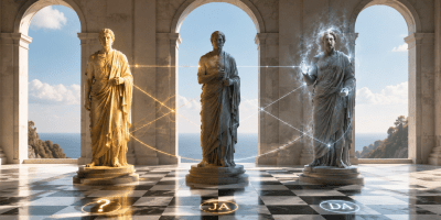 Tre statue classiche in una sala luminosa rappresentano i tre dèi dell’enigma logico: verità, menzogna e caso.
