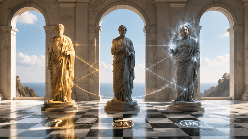 Tre statue classiche in una sala luminosa rappresentano i tre dèi dell’enigma logico: verità, menzogna e caso.