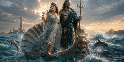 Anfitrite e Poseidone su un carro a forma di conchiglia, circondati dalle onde e dai delfini nel mare greco.