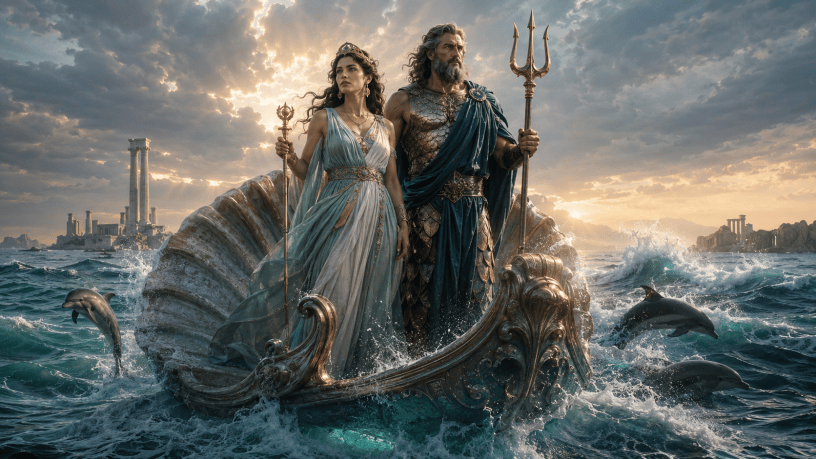 Anfitrite e Poseidone su un carro a forma di conchiglia, circondati dalle onde e dai delfini nel mare greco.