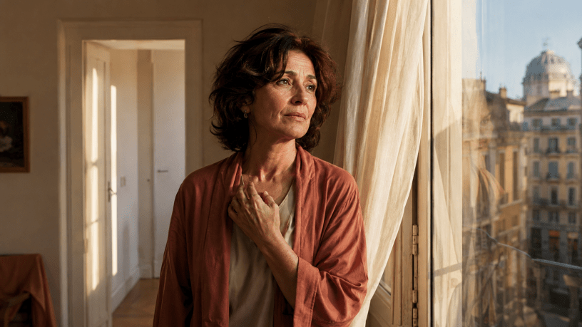 Donna pensierosa accanto a una finestra illuminata dal sole, immagine ispirata alla poesia “Quanto mi ardi” di Alda Merini.
