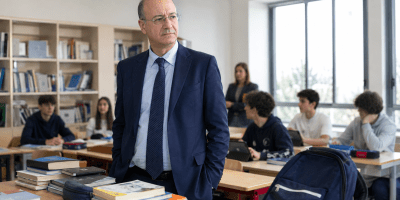 Il ministro Giuseppe Valditara in un’aula scolastica, accanto a un banco con libri, quaderni, astuccio e zaino, mentre alcuni studenti seguono la lezione.