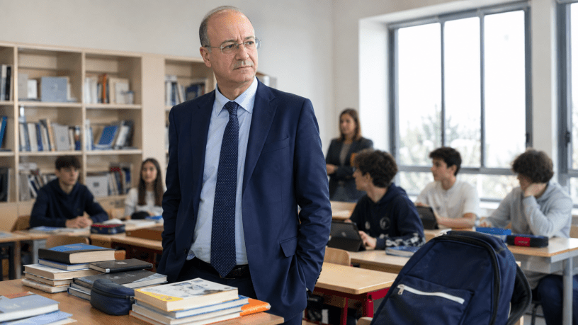 Il ministro Giuseppe Valditara in un’aula scolastica, accanto a un banco con libri, quaderni, astuccio e zaino, mentre alcuni studenti seguono la lezione.