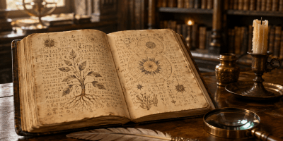 Un manoscritto medievale immaginario aperto su un tavolo di legno, con simboli indecifrabili, disegni botanici e diagrammi astronomici.