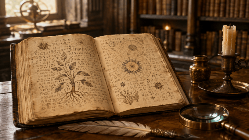 Un manoscritto medievale immaginario aperto su un tavolo di legno, con simboli indecifrabili, disegni botanici e diagrammi astronomici.