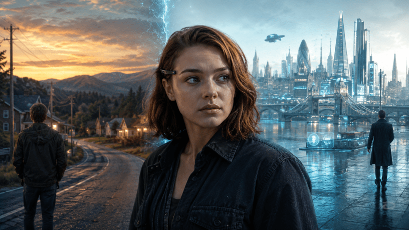 Locandina fotorealistica ispirata a The Peripheral, con una giovane donna tra l’America rurale del 2032 e una Londra futuristica separate da una frattura temporale luminosa.