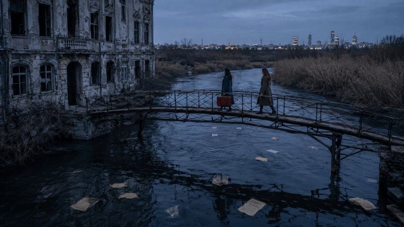 Due donne attraversano un vecchio ponte sopra un fiume, mentre documenti abbandonati galleggiano accanto a un edificio in rovina.