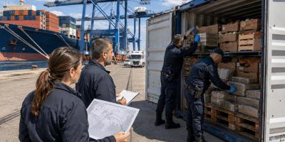 Controllo doganale in un porto europeo con agenti che ispezionano un container sospetto proveniente dalle rotte internazionali.