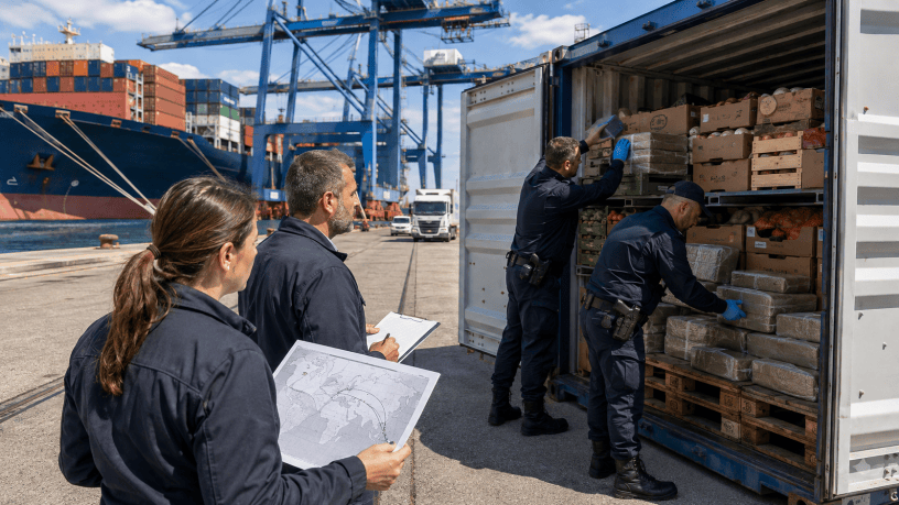 Controllo doganale in un porto europeo con agenti che ispezionano un container sospetto proveniente dalle rotte internazionali.