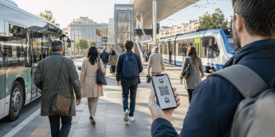 Pendolari raggiungono autobus e treni in una moderna stazione italiana mentre un viaggiatore utilizza sullo smartphone un codice digitale per il trasporto pubblico.