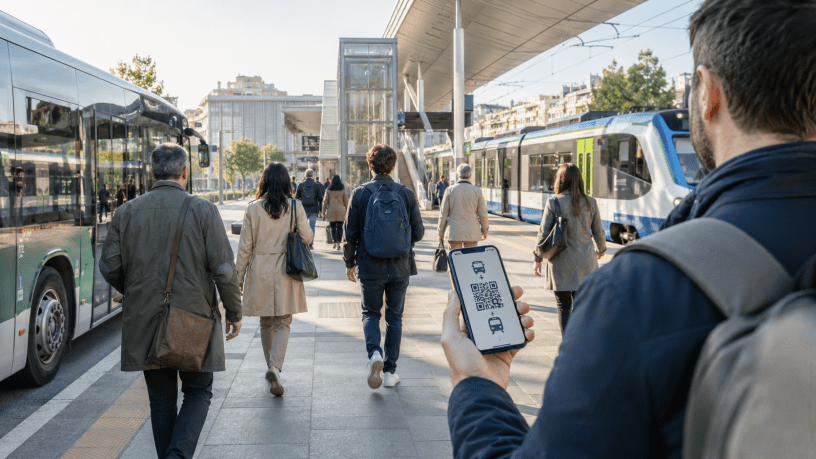 Pendolari raggiungono autobus e treni in una moderna stazione italiana mentre un viaggiatore utilizza sullo smartphone un codice digitale per il trasporto pubblico.