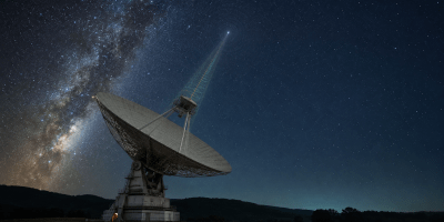 Un radiotelescopio orientato verso un cielo notturno ricco di stelle, con una sottile traccia luminosa che suggerisce la ricezione di un segnale radio dallo spazio.