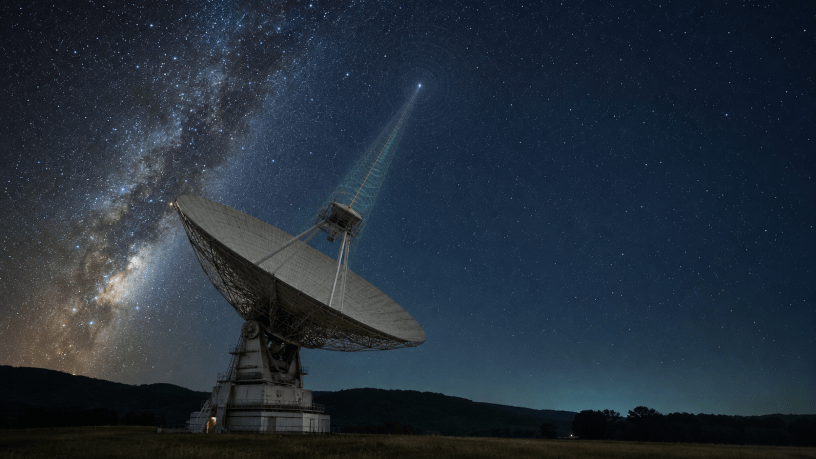 Un radiotelescopio orientato verso un cielo notturno ricco di stelle, con una sottile traccia luminosa che suggerisce la ricezione di un segnale radio dallo spazio.