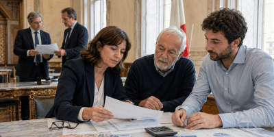 Cittadini italiani esaminano documenti economici e conti della Manovra 2027 in una sala istituzionale con la bandiera italiana.
