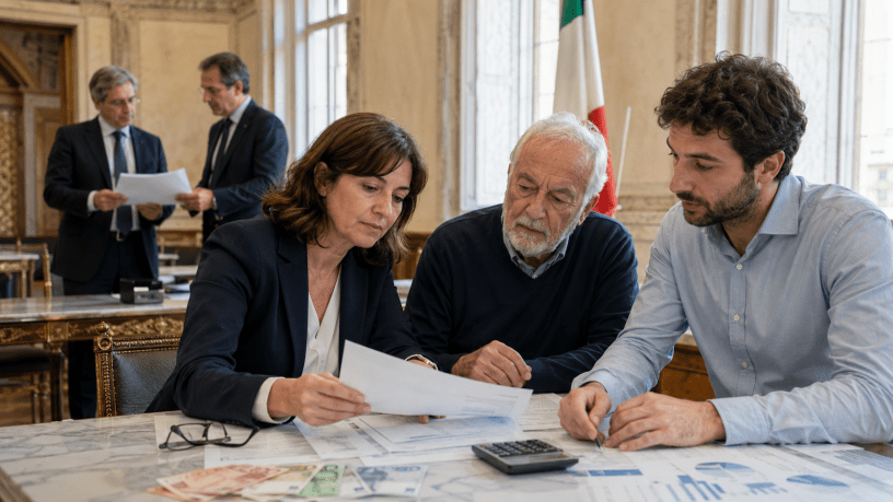 Cittadini italiani esaminano documenti economici e conti della Manovra 2027 in una sala istituzionale con la bandiera italiana.